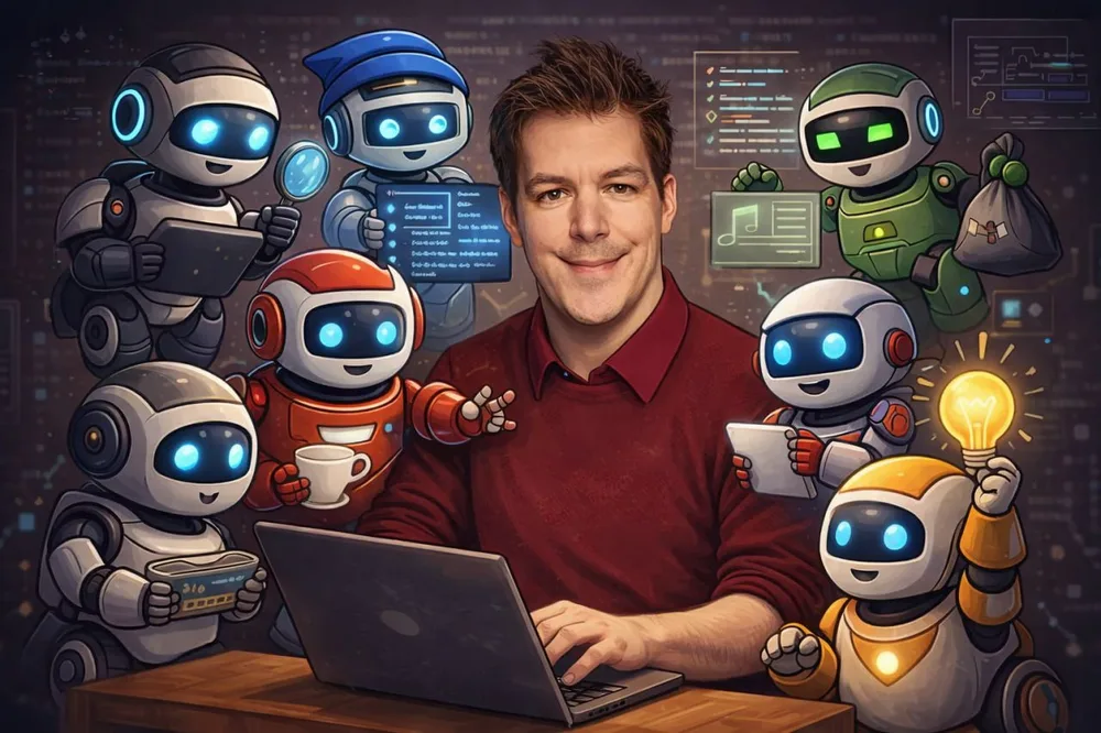 David mit seiner KI-Bot-Crew am Laptop, Illustration